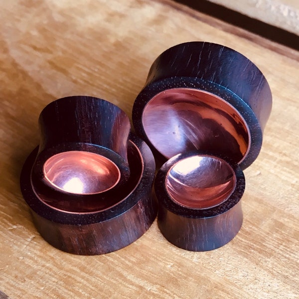 PAIR of Unique Concave Copper Tin Sono Wood Double Flare Plugs - Gauges 00g (10mm) up to 1" (25mm) available!