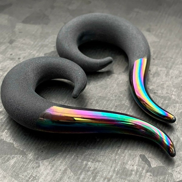 PAIR of Stunning Two-Toned Matte & Rainbow Glass Spiral Hanging Tapers - Gauges 6g (4mm) thru 00g (10mm) available!