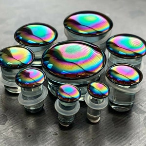 PAIR of Beautiful Oil Slick Design Pyrex Glass Single Flare Plugs with O-Rings - Gauges 4g (5mm) thru 7/8&quot; (22mm) available!