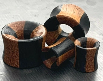 PAIRE de superbes tunnels concaves en bois de jacquier biologique et en bois d'Areng - Jauges 2g (6 mm) à 5/8" (16 mm) disponibles !