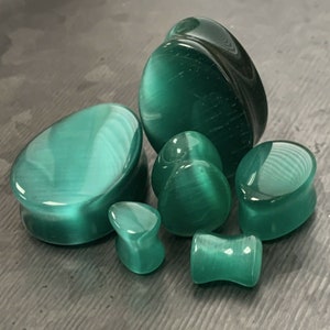 PAIR of Stunning Deep Green Cat Eye Stone Teardrop Double Flare Plugs - Gauges 2g (6mm) thru 1&quot; (25mm) available!