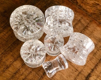 PAIR of Stunning Cracked Clear Glass Double Flare Plugs - Gauges 2g (6mm) through 5/8" (16mm) available!