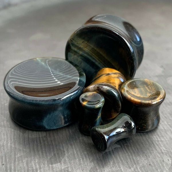 PAIR of Stunning Concave Blue Tiger Eye Organic Stone Plugs - Gauges 6g (4mm) up to 1" (25mm) available!