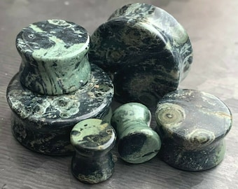 PAIR of Unique Natural Green Eye Jasper Double Flare Stone Plugs