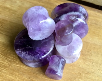 Pair of Amethyst Organic Double Flared Polished Stone Ear Plugs Gauges 8-35mm US Pair of Amethyst Organic Double Flared Polished Stone Ear Plugs Gauges 8-35mm US