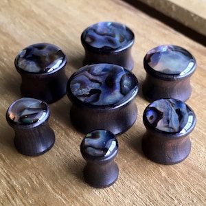 PAIR of Beautiful Organic Abalone Shell Inlaid Sono Wood Saddle Plugs - Gauges 2g thru 5/8&quot; (16mm) available!