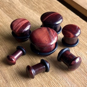 PAIR of Single Flare Red Tiger Eye Stone Plugs with O-Rings - Gauges 4g (5mm) up to 5/8&quot; (16mm) available!