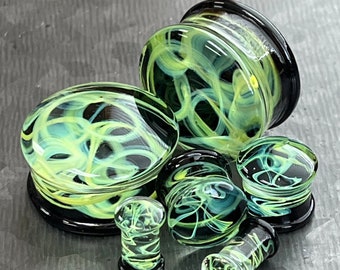 PAIR of Green Swirling Smoke Style Pyrex Glass Double Flare Plugs - Gauges 2g (6mm) through 1" (25mm) available!