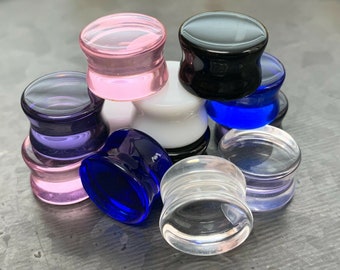 PAIR of Beautiful Flat Glass Double Flare Plugs - Black, Clear, White, Purple, Blue and Pink available!