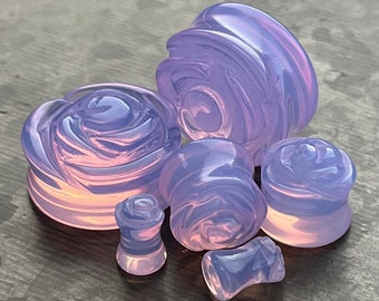 PAIR of Beautiful Lavender Opalite Carved Flower Double Flare Glass Plugs - Gauges 2g (6.5mm) to 1" (25mm) available!