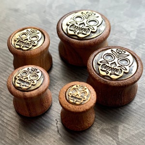 PAIR of Unique Organic Sono Wood Antique Gold Sugar Skull Shield Saddle Plugs  - Gauges 0g (8mm) up to 5/8" (16mm) available!