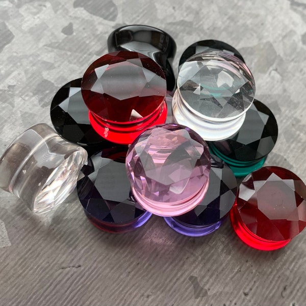 PAIR of Stunning Faceted Glass Double Flare Plugs - Black, Clear, Pink, Red, Purple and Teal Available!