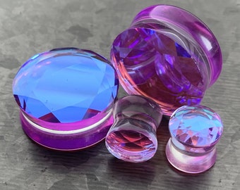 PAIR of Stunning Faceted Mermaid Iridescent Glass Double Flare Plugs - Gauges 2g (6.5mm) thru 1" (25mm) available!