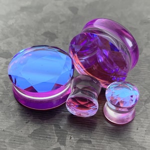 PAIR of Stunning Faceted Mermaid Iridescent Glass Double Flare Plugs - Gauges 2g (6.5mm) thru 1" (25mm) available!