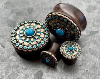 PAIR of Stunning Turquoise Enamel Antique Gold Tribal Sun Ebony Wood Saddle Plugs - Gauges 0g (8mm) up to 1" (25mm) available!