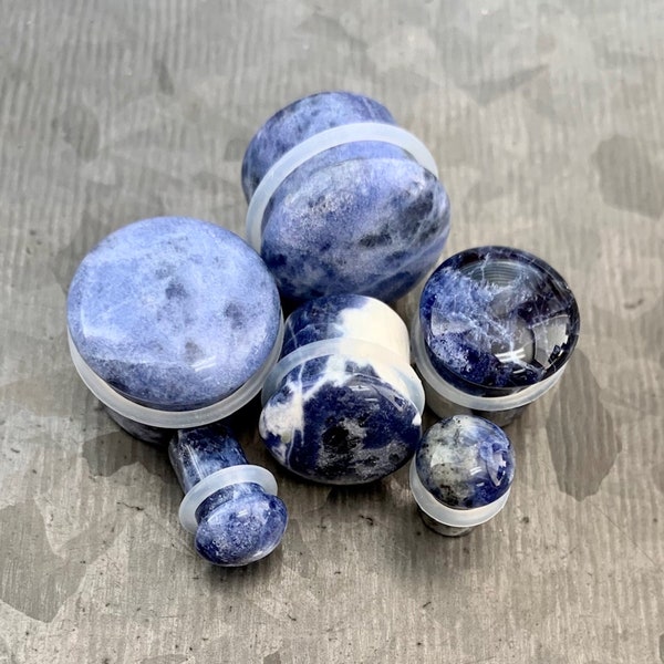 PAIR of Beautiful Organic Sodalite Stone Single Flare Plugs with O-Rings - Gauges 6g (4mm) up to 5/8" (16mm) available!