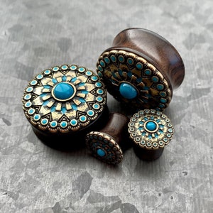 PAIR of Stunning Turquoise Enamel Antique Gold Tribal Sun Ebony Wood Saddle Plugs - Gauges 0g (8mm) up to 1&quot; (25mm) available!