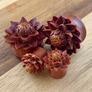 PAIR of Beautiful Lotus Flower Organic Sawo Wood Plugs - Gauges 0g (8mm) thru 1&quot; (25mm) available!