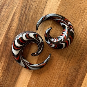 PAIR of Stunning Red, Black & White Swirl Glass Spiral Tapers - Gauges 4g (5mm) thru 5/8&quot; (16mm) available!