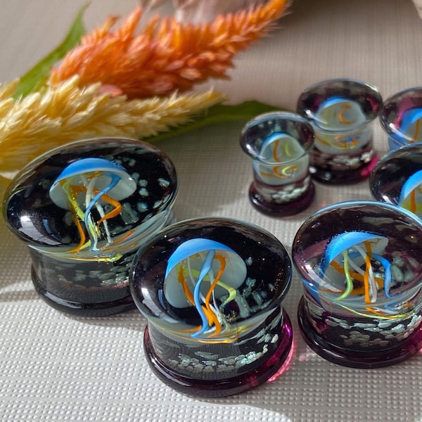 PAIR of Unique Glow in the Dark Floating Multi Color Jellyfish Glass Double Flare Plugs -Gauges 0g (8mm) through 3/4" (19mm) available!