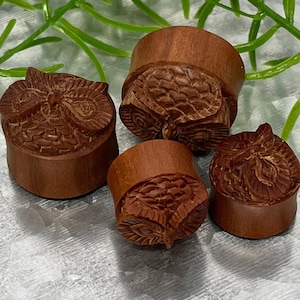 PAIR of Unique Carved Owl in Red Saba Wood Saddle Plug/Tunnels - Gauges 11/16&quot; (18mm), 7/8&quot; (22mm) or 15/16&quot; (24mm) Available!