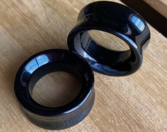 PAIR of Brilliant Black Agate Organic Stone Tunnels- Gauges 2g (6mm) to 1&1/2" (38mm)  available!