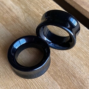 PAIR of Brilliant Black Agate Organic Stone Tunnels- Gauges 2g (6mm) to 1&1/2&quot; (38mm)  available!