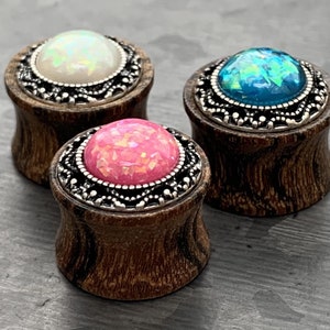 PAIR of Beautiful Synthetic Opal with Tribal Pattern Sono Wood Saddle Plugs - Gauges 2g (6mm) thru 5/8&quot; (16mm) Available!
