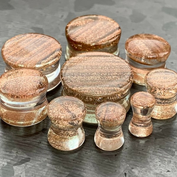 PAIR of Unique Golden Sand Design Glass Double Flare Plugs - Gauges 4g (5mm) thru 3/4" (19mm) Available!