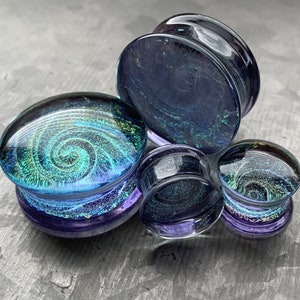 PAIR of Beautiful Lavender Sparkle Galaxy Swirl Design Pyrex Glass Plugs - Gauges 2g (6mm) through 1&quot; (25mm) available!