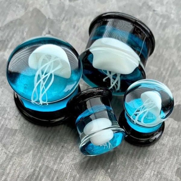 PAIR of Stunning Floating Jellyfish Design Pyrex Glass Double Flare Plugs -Gauges 0g (8mm) through 1" (25mm) available!