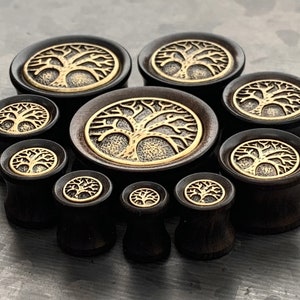 PAIR of Beautiful Organic Ebony Wood Plugs with Tree of Life Top Saddle Plugs - Gauges 2g (6mm) up to 1" (25mm) available!