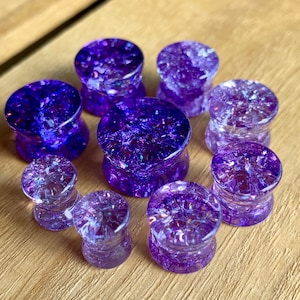 PAIR of Stunning Purple Cracked Glass Double Flare Plugs - Only size 14mm available!