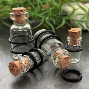 PAIR of Unique Clear Glass Corked Bottle Tunnels/Plugs with O-Rings - Gauges 00g (10mm) thru 5/8&quot; (16mm) available!