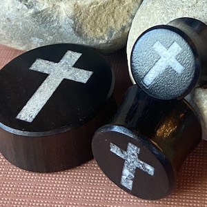 PAIR of Beautiful Crystal Quartz Cross Inlay Black Wood Saddle Plugs/Tunnels - Gauges 0g (8mm) thru 1&quot; (25mm) available!
