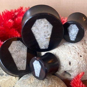 PAIR of Unique Crystal Quartz Coffin Inlay Black Wood Saddle Plugs/Tunnels - Gauges 0g (8mm) thru 1&quot; (25mm) available!