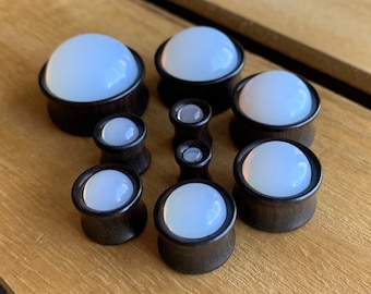 PAIR of Beautiful Opalite Dome Ebony Organic Wood Plugs - Gauges 2g (6mm) to 1" (25mm)  available!