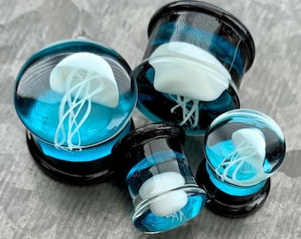 PAIR of Stunning Floating Jellyfish Design Pyrex Glass Double Flare Plugs -Gauges 0g (8mm) through 1" (25mm) available!