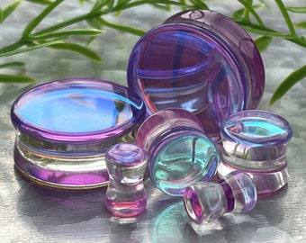 PAIR of Beautiful Mermaid Iridescent Glass Double Flare Plugs - Gauges 2g (6mm) thru 1" (25mm) available!