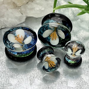 PAIR of Unique Floating White Flower Pyrex Glass Double Flare Plugs - Gauges 0g (8mm) through 5/8" (16mm) available!