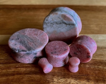 PAIR of Stunning Rhodonite Stone Plugs Organic Plugs - Gauges 2g (6mm) through 1" (25mm) available!