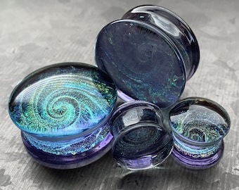 PAIR of Beautiful Lavender Sparkle Galaxy Swirl Design Pyrex Glass Plugs - Gauges 2g (6mm) through 1" (25mm) available!