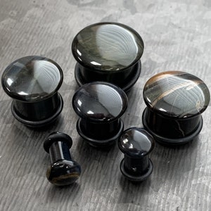 PAIR of Beautiful Blue Tiger Eye Single Flare Organic Stone Plugs with O-Rings - Gauges 4g (5mm) up to 5/8" (16mm) available!