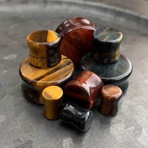 ALL 3 PAIR of Stunning Yellow, Blue & Red Tiger Eye Organic Stone Plugs - Double Flare - Gauges 6g thru 1&quot;