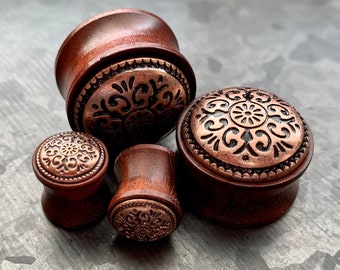 PAIR of Stunning Organic Rose Wood Antique Tribal Pattern Saddle Plugs  - Gauges 2g (6mm) up to 7/8" (22mm) available!