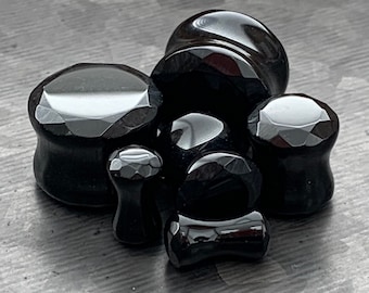 PAIRE de bouchons doubles uniques en pierre d'agate noire organique à facettes - Jauges 4 g (5 mm) à 5/8 po. (16 mm) disponibles !