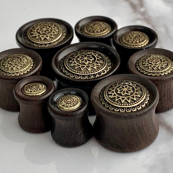 PAIR of Stunning Antique Gold Tribal Sun Shield Organic Ebony Wood Saddle Plugs - Gauges 0g (8mm) up to 5/8" (16mm) available!