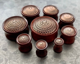 PAIR of Unique Organic Rose Wood with Flower Lattice Pattern Saddle Plugs - Gauges 2g (6mm) up to 1" (25mm) available!