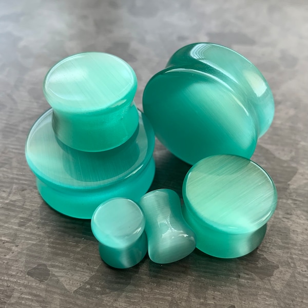 PAIR of Stunning Sea Foam Green Cat Eye Stone Plugs/Tunnels - Gauges 2g (6mm) up to 1" (25mm) available!