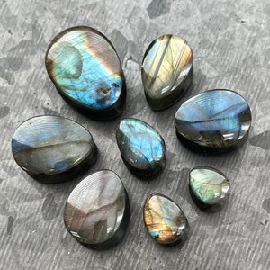 PAIR of Beautiful AAA Grade Labradorite Teardrop Natural Stone Double Flare Plugs/Tunnels  - Gauges 2g (6mm) up to 3/4&quot; (19mm) available!